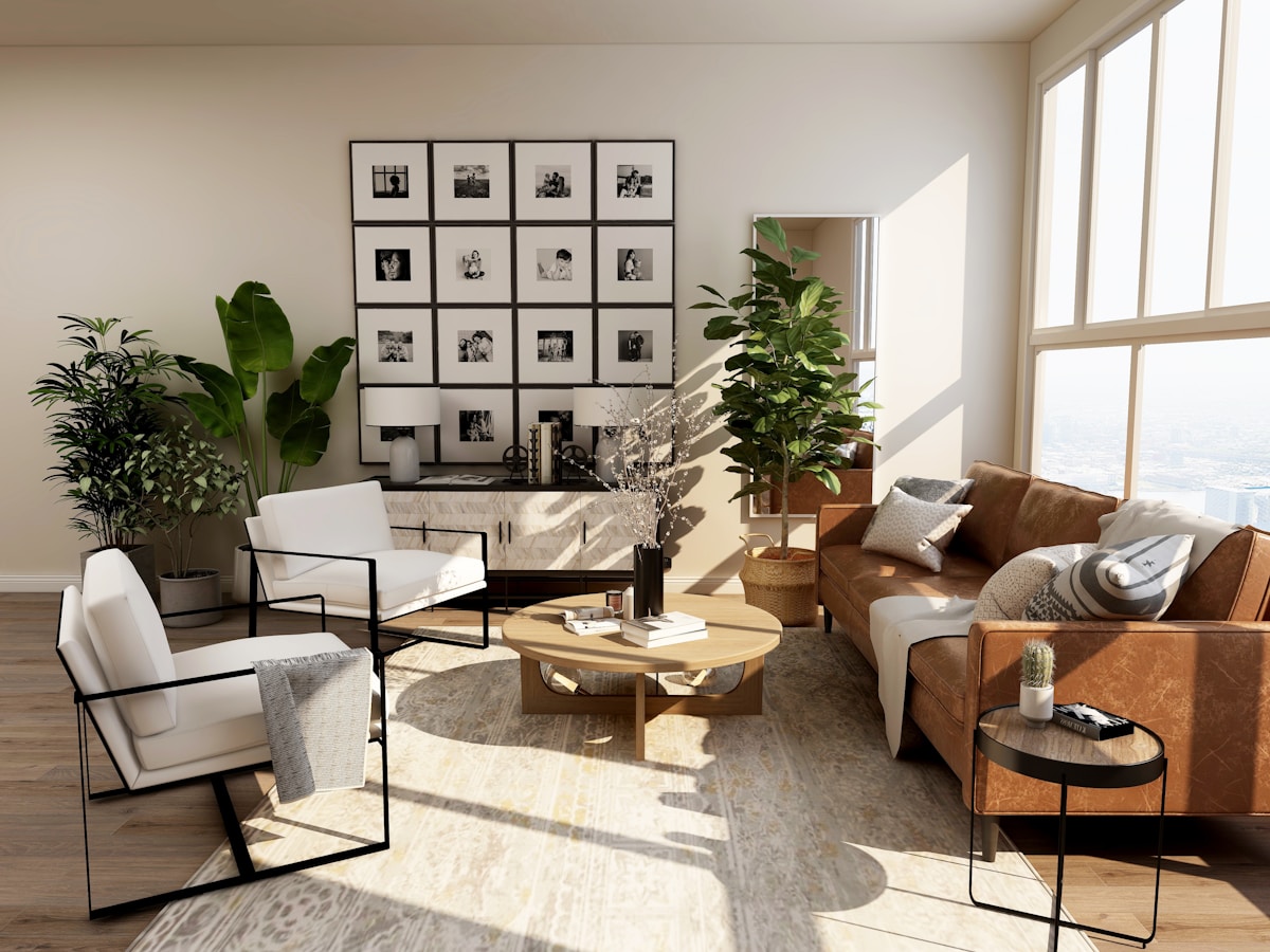Sunlit interior with sculptural furniture and natural materials